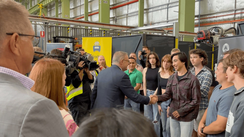 Prime Minister Anthony Albanese shaking hands with the inaugural Nuclear Engineering class at Flinders University at Tonsley